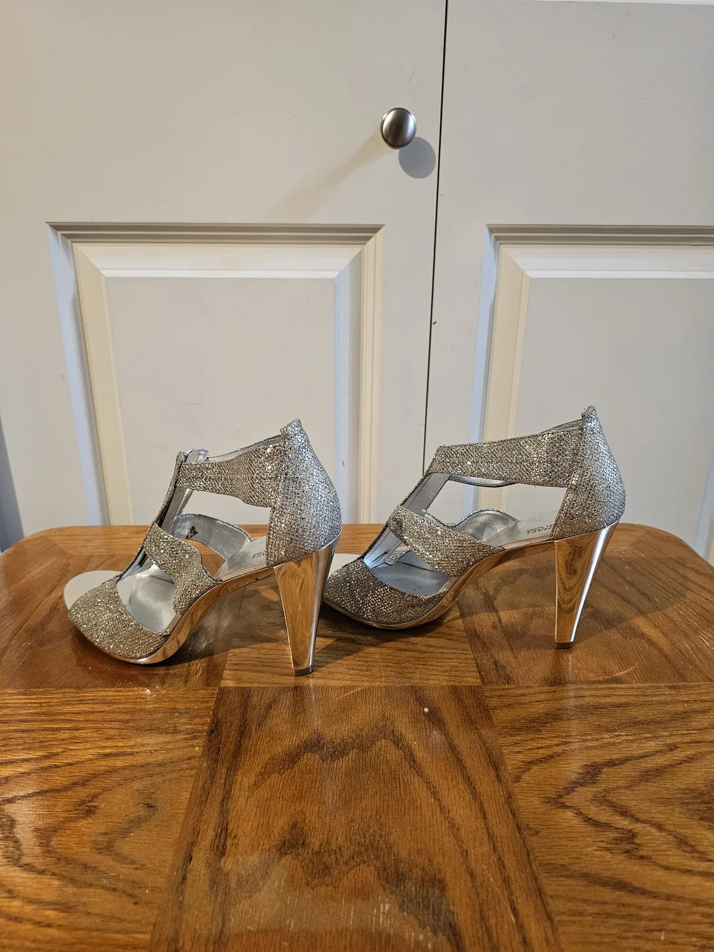 Michael Kors Silver Glitter T-Strap High Heel Sandals with Front Zip